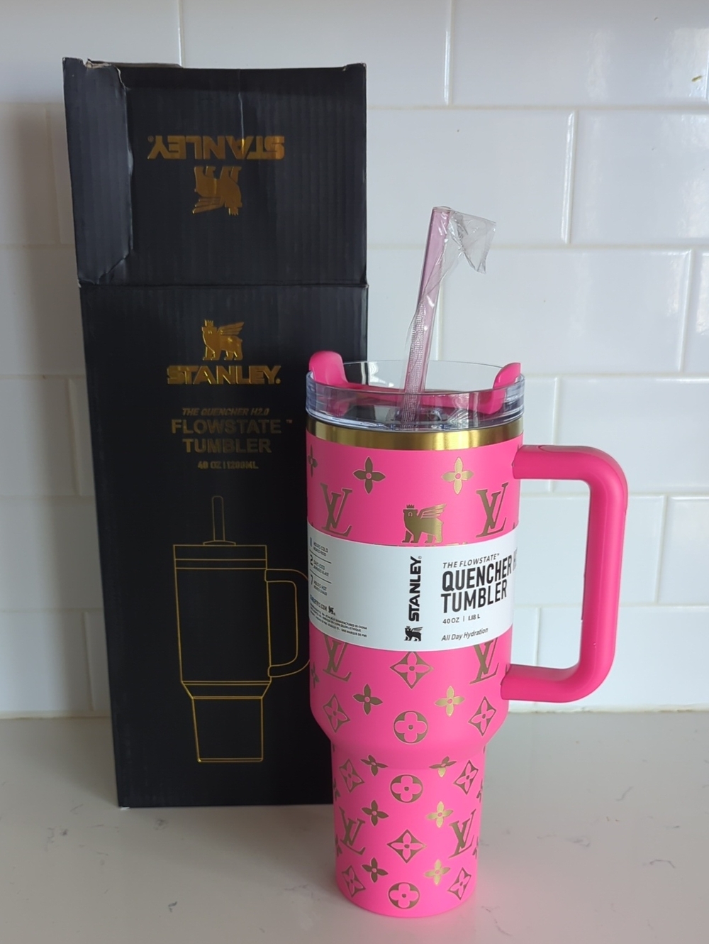 Pink Tumbler with Gold Accents and Handle